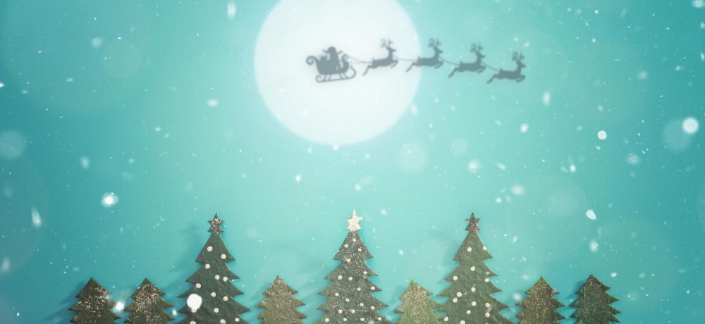 Julkort med jultomten med släde och renar på himlen
